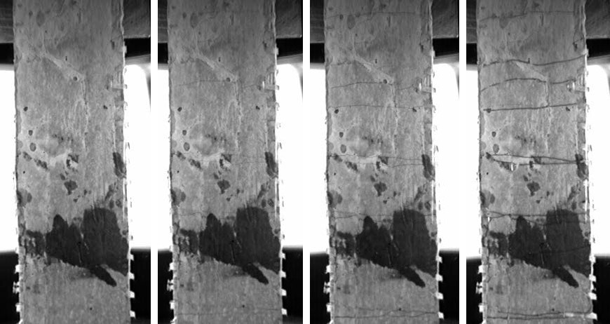 Four greyscale photographs of the same strip specimen with more horizontal cracks in each successive frame