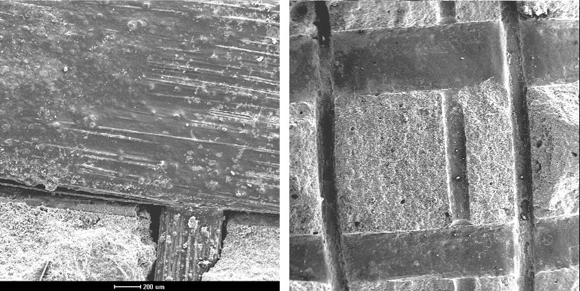 Two grey micrographs, one of a yarn crossing a perpendicular yarn in cement paste and one of paste filling a rectangular mesh