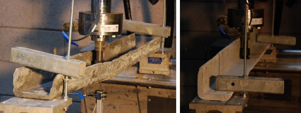 Two photographs of thin grey cement sections loaded by a hydraulic actuator through steel bars and threaded rods